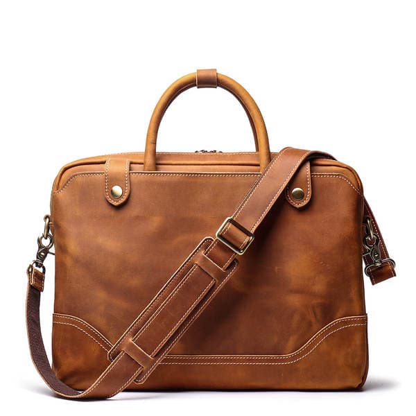 New Men's Handheld Briefcase Top Grain Cowhide Shoulder Crossbody Bag Casual Retro 14-Inch Genuine Leather Laptop Bag For Men And Women