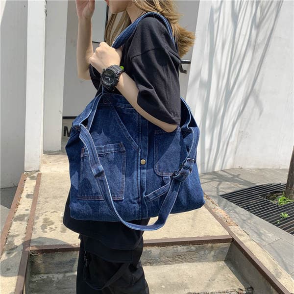 Retro Large Capacity Tote Shopping Bag Casual Denim Bag Academy Style Harajuku Canvas Shoulder Bag Crossbody Bag
