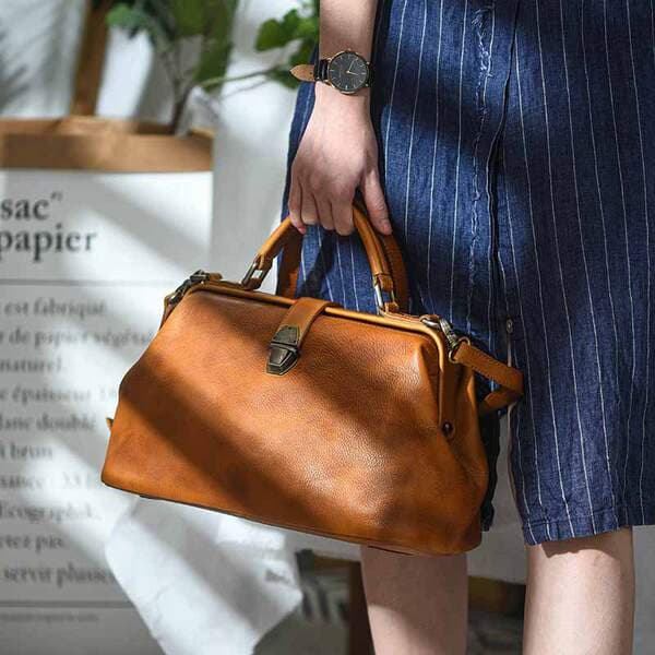Luxury Handmade Genuine Leather Handbag Vintage Gold-Frame Doctor Bag Casual Large Capacity Shoulder Bag For Women
