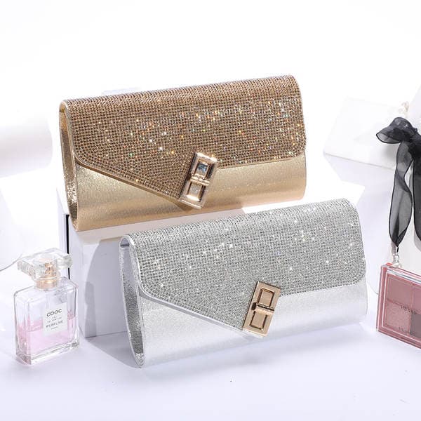 Cross-border Gold European & American Evening Bag for Women, Trendy Rhinestone Glitter PU Leather Chain Crossbody Party Clutch