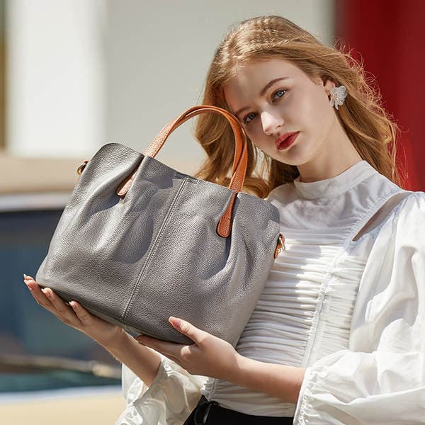 High-Quality Genuine Leather Tote Bag For Work, Women's Contrast Color Cowhide Leather Handbag, Niche Shoulder Bag