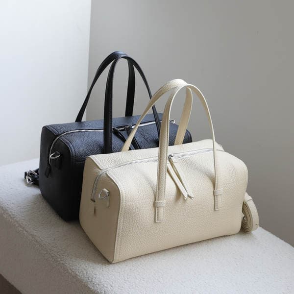 Korean Style Minimalist Top Grain Cowhide Bowling Handbag, Commuter Boston Pillow Bag, Shoulder And Crossbody Genuine Leather Women's Bag
