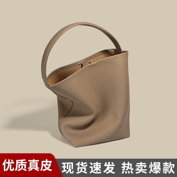 Women's Soft Cowhide Leather Bucket Bag, Large Capacity Commuter Simple Fashion Shoulder Underarm Bag, Genuine Leather Trendy Wholesale