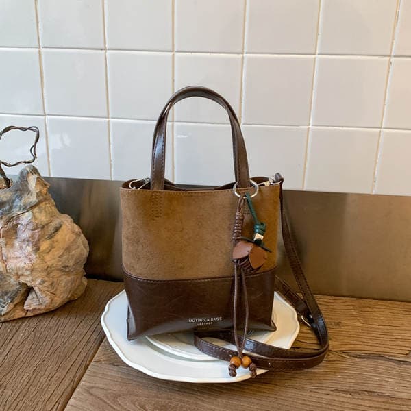 Autumn/Winter Spliced Bucket Bag 2025 New Retro Niche Suede Shoulder Bag Korean Style Fashion Crossbody Bag For Women