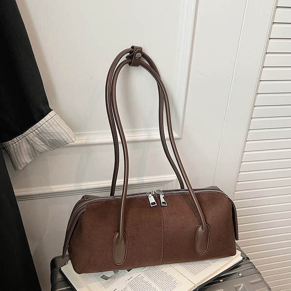 Korean Style Retro Suede Shoulder Baguette Bag For Women, High-End Large Capacity Underarm Bag, Trendy Versatile Handbag