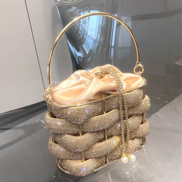 Women's Heavy Metal Woven Birdcage Bucket Bag - Sparkling Diamond Party Clutch & Crossbody Bag