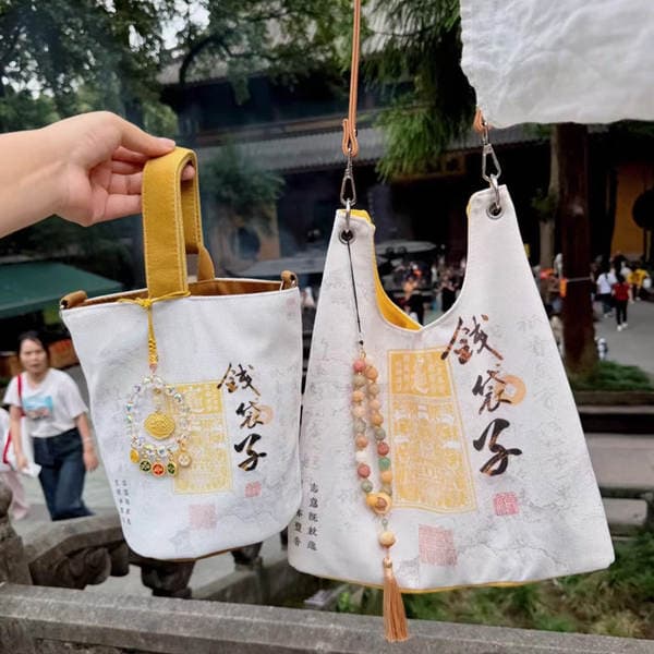 Lingyin Money Bag Canvas Bucket Bag For Women - Shoulder Handbag For Casual Travel, Temple Style Cloth Bag