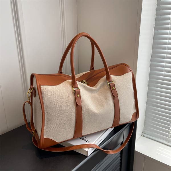 Cross-Border Retro Women's Handbag Canvas Travel Luggage Bag Sports Gym Short Trip Large Capacity Contrast Color Travel Bag