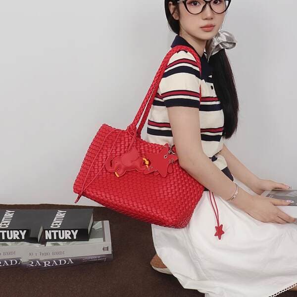 Red Handmade Genuine Leather Woven Tote Bag For Women - Luxury Fashion Commuter Handbag, Large Shoulder Bag