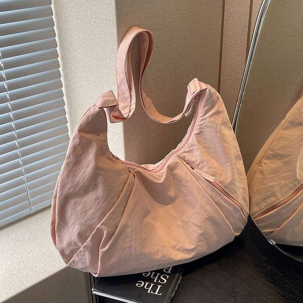 Japanese Style Pleated Large Capacity Solid Color Crossbody Bag For Women, Commuter Nylon Dumpling Bag, Casual Shoulder Bag For Students