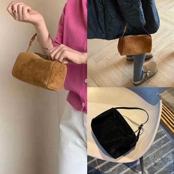 Row Niche Cowhide Cylinder Bag Suede Underarm Bag 90s Mini Leather Square Shoulder Bag Handbag For Women