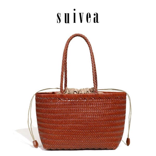 Influencer Style Genuine Leather Woven Basket Bag - Minimalist Large Capacity Versatile Shoulder Handheld Tote Bag For Women