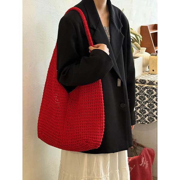 Korean Style Hollow Woven Bag For Women 2026 New Summer Casual Vacation Travel Tote Large Capacity Shoulder Bag