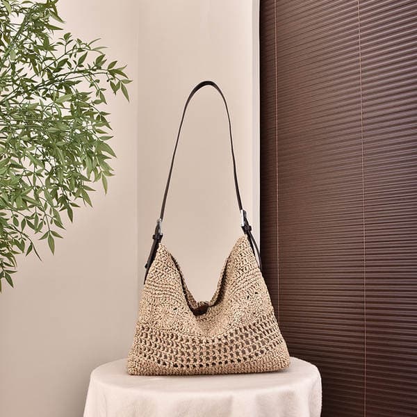Handmade Crochet Raffia Woven Large Leather Bag 2026 New Women's Tote Bag Vacation Style Beach Straw Bag