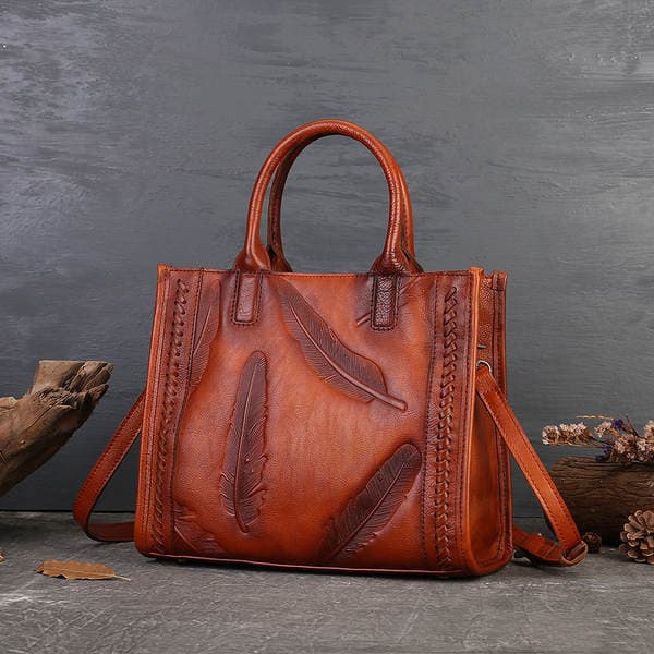 Genuine Leather Women's Handbag Top Grain Cowhide Vintage Small Square Bag Feather Embossed Tote Shoulder Bag