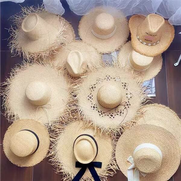 Summer Ins Style Wide Brim Frayed Raffia Straw Hat For Women, Beach Sun Hat For Travel And Vacation
