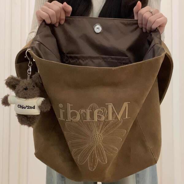 Korean Retro 3D Embroidered Suede Tote Bag For Women, Large Capacity Casual Letter Shoulder & Crossbody Bag For Autumn Winter