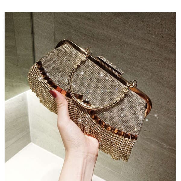 New Handmade Rhinestone Tassel Pearl Evening Bag For Women, Small Formal Clutch Handbag And Crossbody Party Bag