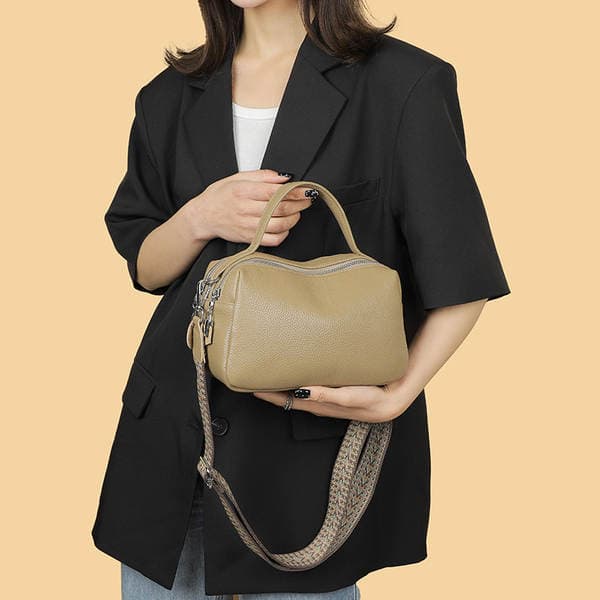 Retro Fashion Genuine Leather Boston Bag Classic Simple Double Zipper Large Capacity Pillow Bag Commuter Crossbody Women's Bag
