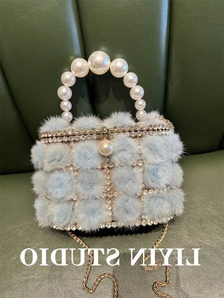 Cross-Border Metal Pearl Mink Faux Fur Bucket Bag, Sparkling Rhinestone Birdcage Handbag And Crossbody Bag For Banquets