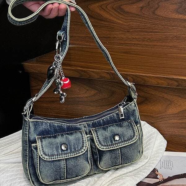 Zhongshishang Underarm Bag 2025 New Retro Distressed Denim Bag Small Hot Girl Baguette Bag Commuter Shoulder Bag