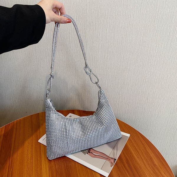 Ready Stock Cross-Border European & American Sparkling Rhinestone Zipper Knot Underarm Bag Crescent Shoulder Bag Women's Diamond Evening Bag