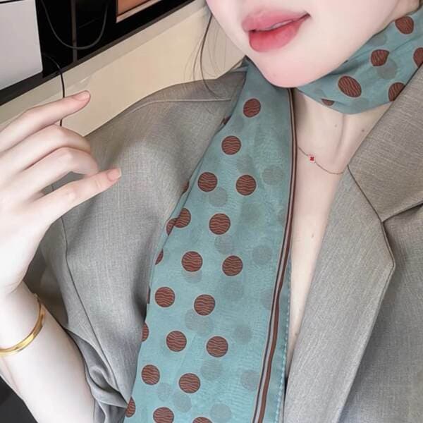 Polka Dot Rose Silk Crepe Scarf For Women - French Elegant Versatile Green Neck Scarf Bandana