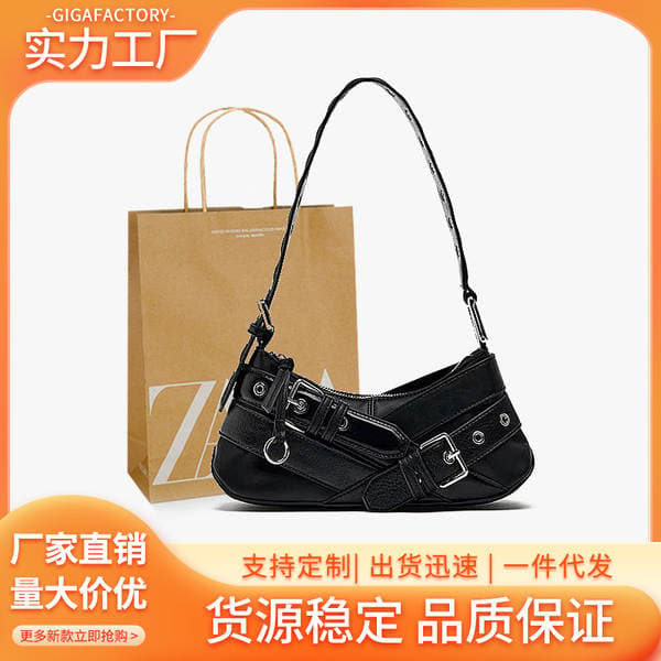 Z-Brand Cross-Border Women's Bag 2025 New Original Niche Retro Black Hot Girl Motorcycle Shoulder Bag Underarm Baguette Bag