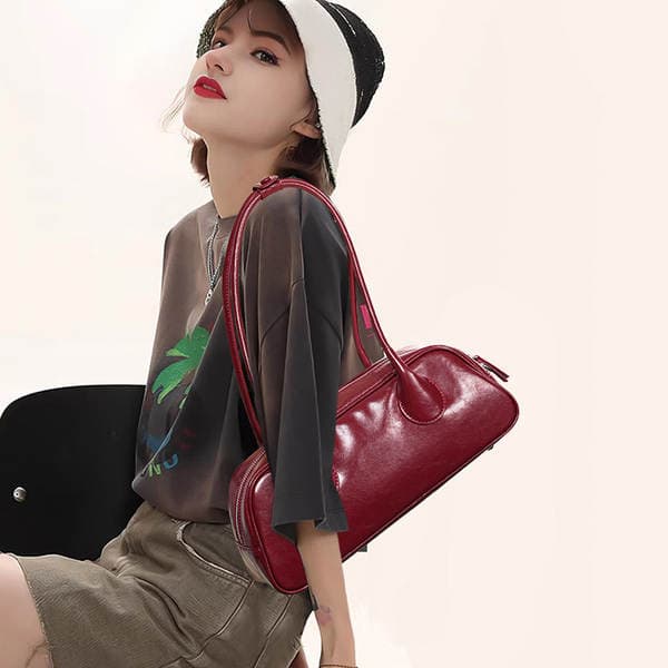 Women's New Fashion Niche Genuine Leather Bowling Bag Underarm Shoulder Bag Cowhide Large Capacity Handbag Baguette Bag