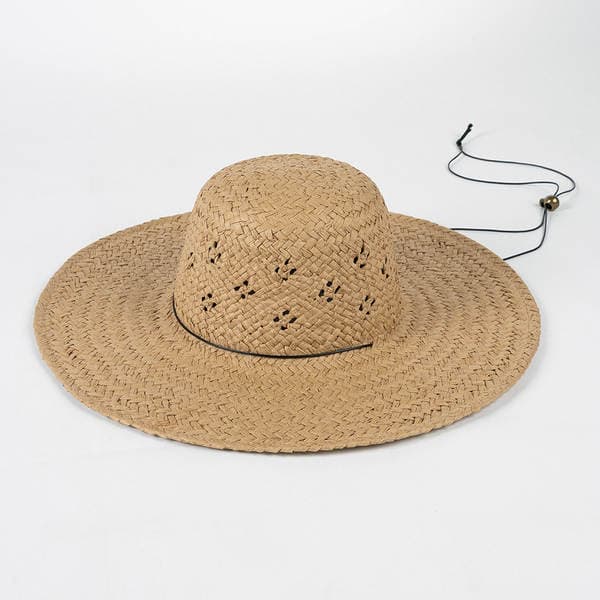 Spring/Summer New Fashion Casual Hand-Woven Hollow-Out Wide Brim Straw Hat With Drawstring For Women Outdoor Travel Sun Protection