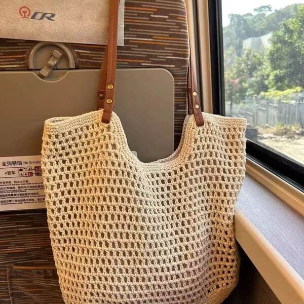 Casual Large Capacity Single Shoulder Cotton Woven Bag New Hollow-Out Mesh Tote Bag Beach Vacation Bag For Women