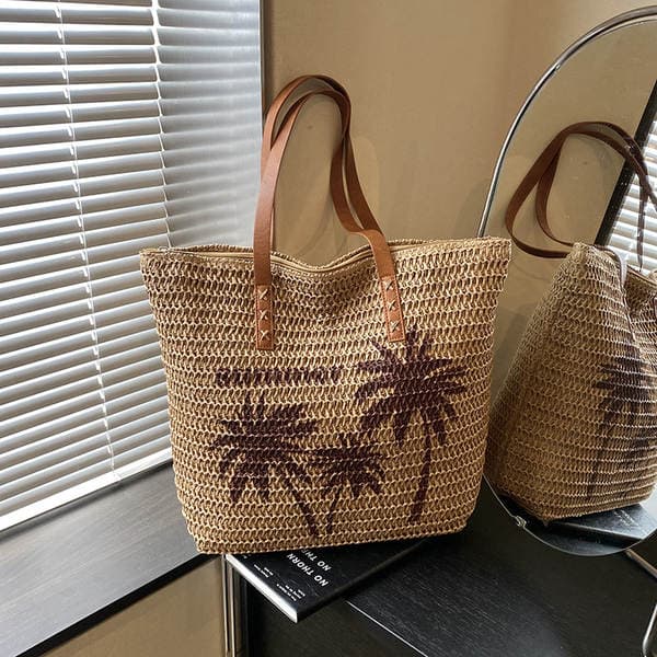 Beach Vacation Style Large Capacity Coconut Tree Print Straw Bag Women's Summer New Woven Shoulder Bag