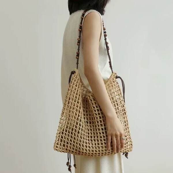 Summer Vacation Style Hand-Woven Straw Tote Bag, Raffia Hollow-Out Large Capacity Shoulder Handbag For Women