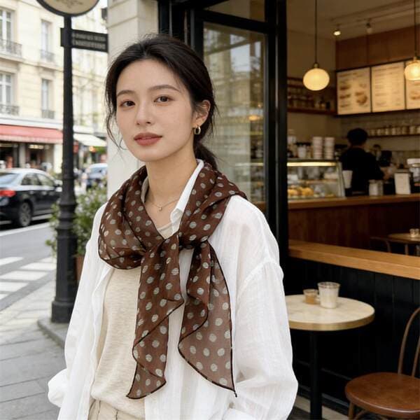 French Hepburn Style Mulberry Silk Vacation Versatile Retro Brown Polka Dot Diagonal Silk Scarf For Women Long Ribbon