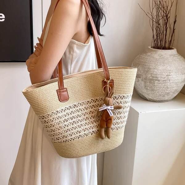 Summer Trendy Vacation Style Woven Straw Basket Bag For Women - Fashionable Versatile Shoulder Bucket Bag For Beach & Commuting