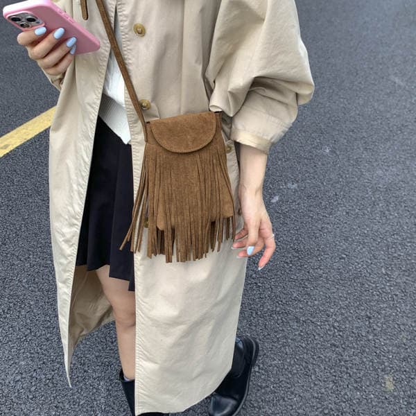 Trending Bohemian Ethnic Tassel Vintage Suede Crossbody Shoulder Phone Bag Mini Small Bag