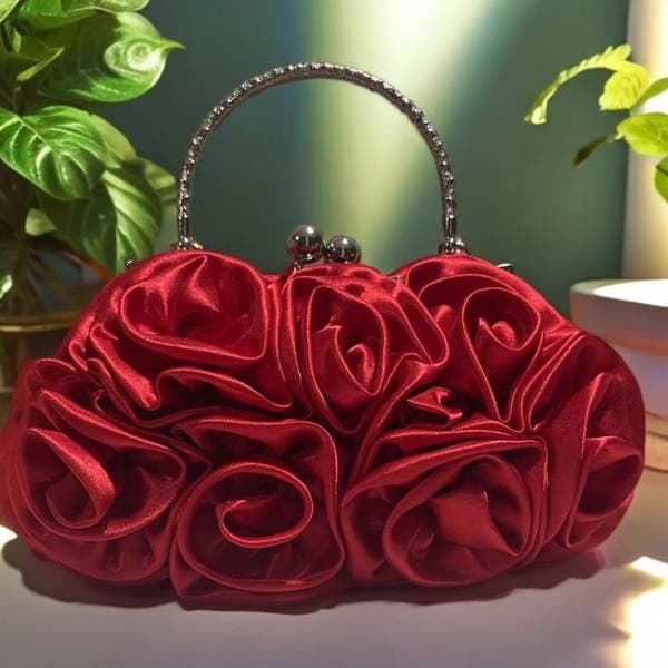 Satin Flower Clutch Bag - Hot Selling Satin Handbag With 14 Roses For Evening Parties