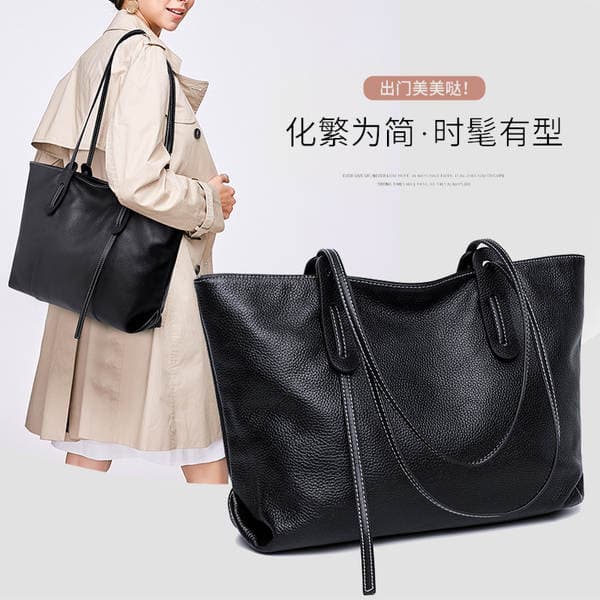 New Genuine Leather Tote Bag Large Capacity Shoulder Bag For Women Top Grain Cowhide Solid Color Commuter Handbag Wholesale