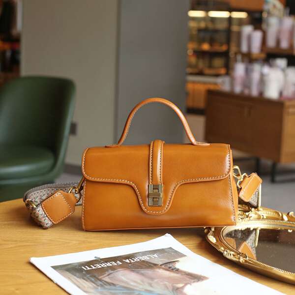Women's Crossbody Bag - Top Grain Vegetable-Tanned Leather Shoulder Bag With Wide Webbing Strap, Retro High-End Texture Commuter Motorcycle Bag