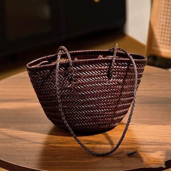 Genuine Leather Hand-Woven Basket Bag For Women - Luxury Vintage Artistic Shoulder Bag, Large Capacity Vacation Style Tote