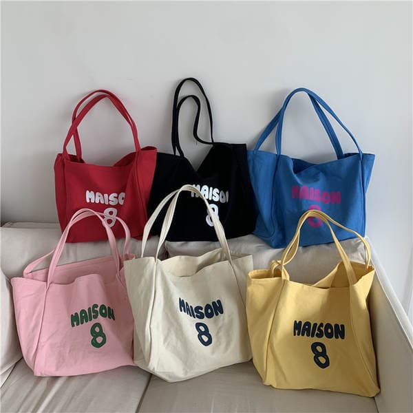 Large Capacity Women's Shoulder Handbag Canvas Tote Bag Versatile Casual Letter Print Wide Strap Bucket Shopping Bag