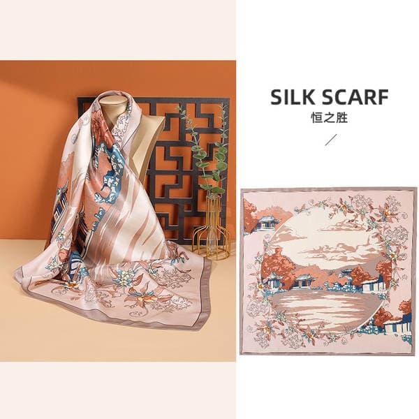 Mulberry Silk Scarf - Suzhou Scenery 90cm French Vintage Square Scarf For Women, Sun Protection Necktie/Waist Belt