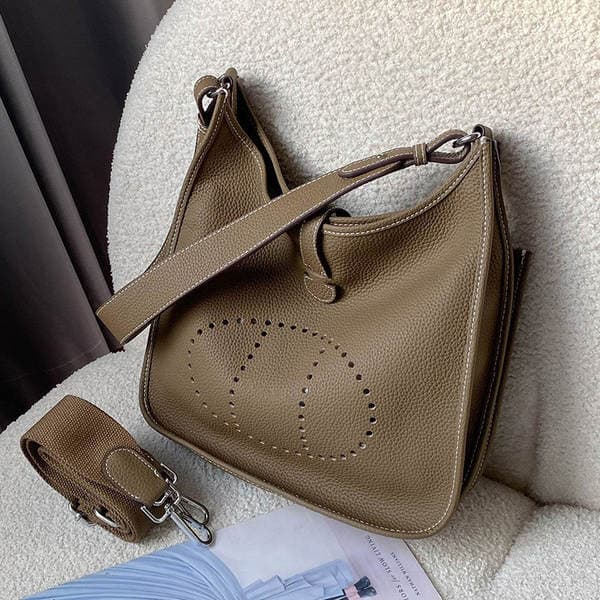 Genuine Leather Evelyn Bag For Women Top Grain Cowhide Wide Strap Shoulder Crossbody High-End Hollow Out Tote Bag Casual