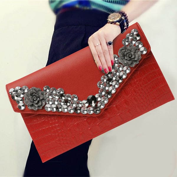 2024 New Fashion Women's Genuine Leather Clutch Bag, Diamond-Encrusted Evening Bag For Parties And Formal Gowns