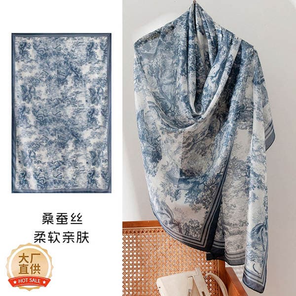 Spring/Summer Long Mulberry Silk Scarf 2026 Blue Elegant Artistic Sun Protection Large Shawl Thin For Women