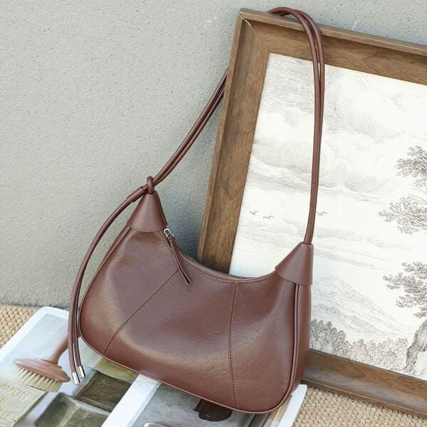 Women's Retro Top Grain Vegetable-Tanned Leather Crescent Bag, New Crossbody Shoulder Bag For Commuting