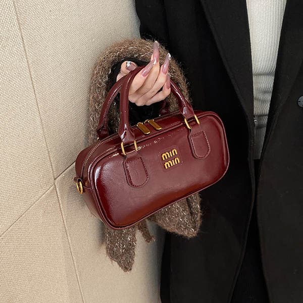 Oil Wax Leather Bowling Bag For Women, Korean Niche Designer Vintage Boston Handbag, Versatile Bowling Bag