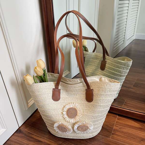 Women's New Fashion Woven Large Tote Bag - Beach Vacation Shoulder Underarm Straw Bag Versatile Daisy Tote