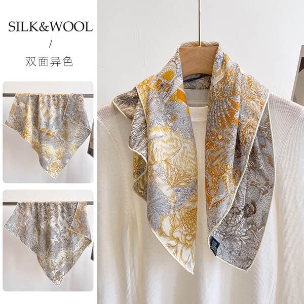 French Luxury Style Scarf! New Double-Sided Contrast Color Silk-Wool Scarf For Women, Summer Versatile Rainforest Silk Wool Shawl