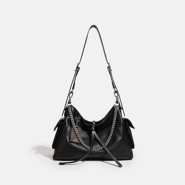 Top Grain Cowhide Leather Messenger Tote Bag Large Capacity Chain Commuter Bag Black Warrior Luxury Shoulder Crossbody Bag
